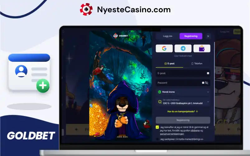 Registreringsskjema for Goldbet Casino vist på en bærbar PC.