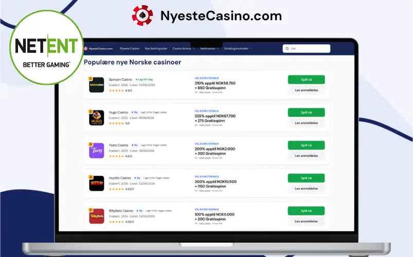 Oversikt over norske nettcasinoer med NetEnt-logo på laptopskjerm.
