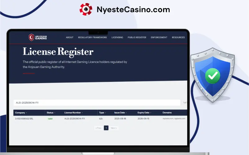 Reybets Casinos spillisens i Anjouan Gaming-lisensregisteret, vist på PC med sikkerhetssymbol.