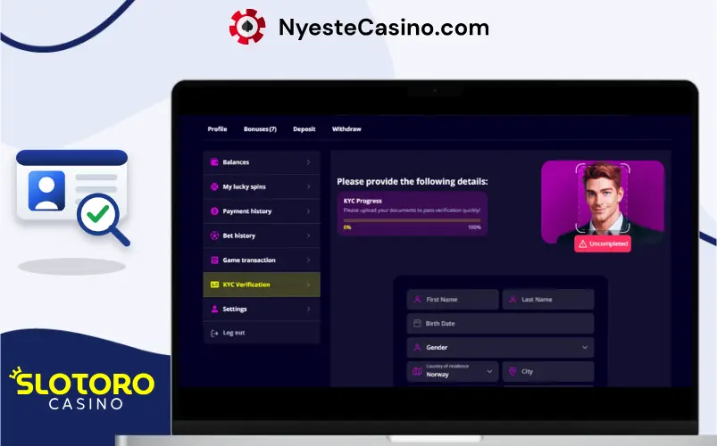 KYC-verifisering hos Slotoro Casino.