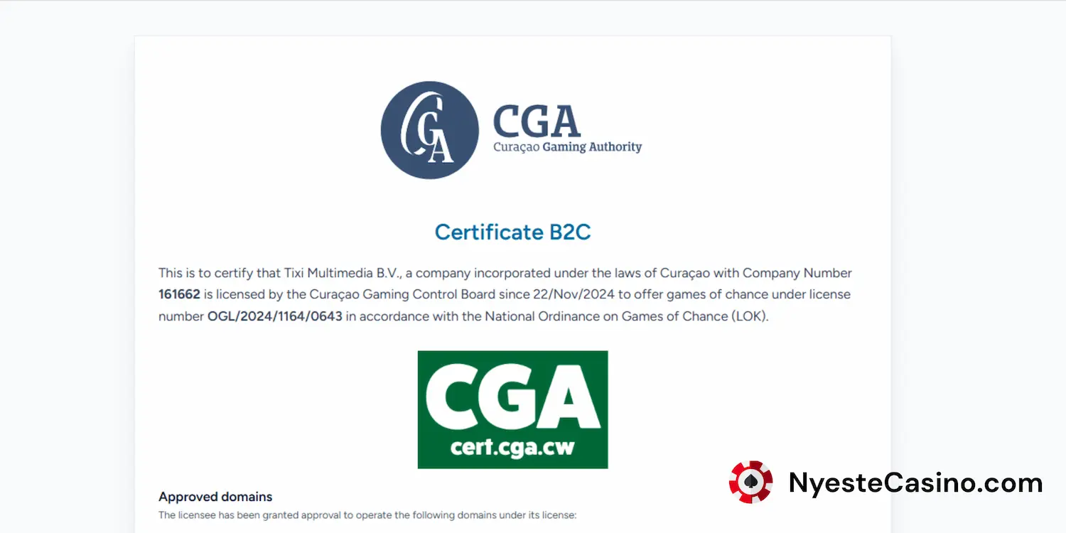 CGA-lisenssertifikat for Betandyou Casino.