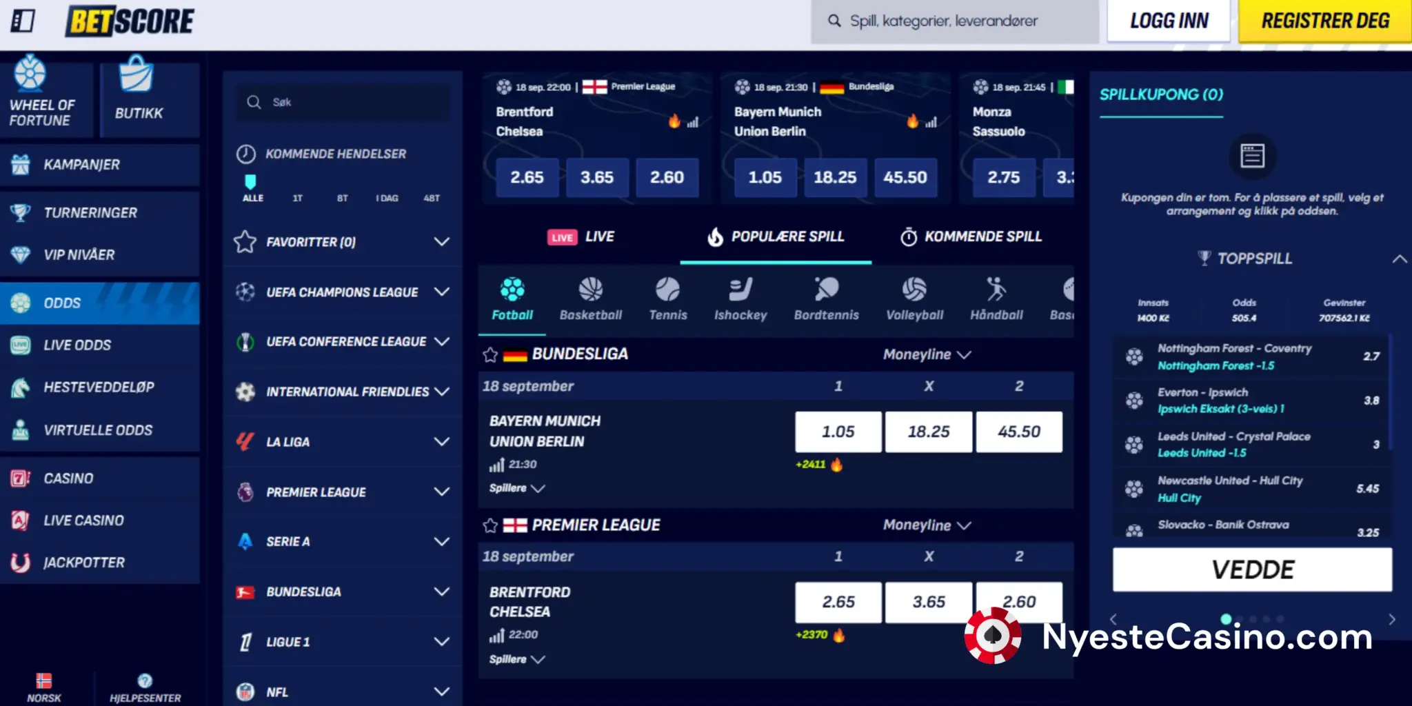 Siden for sportsbetting hos BetScore.
