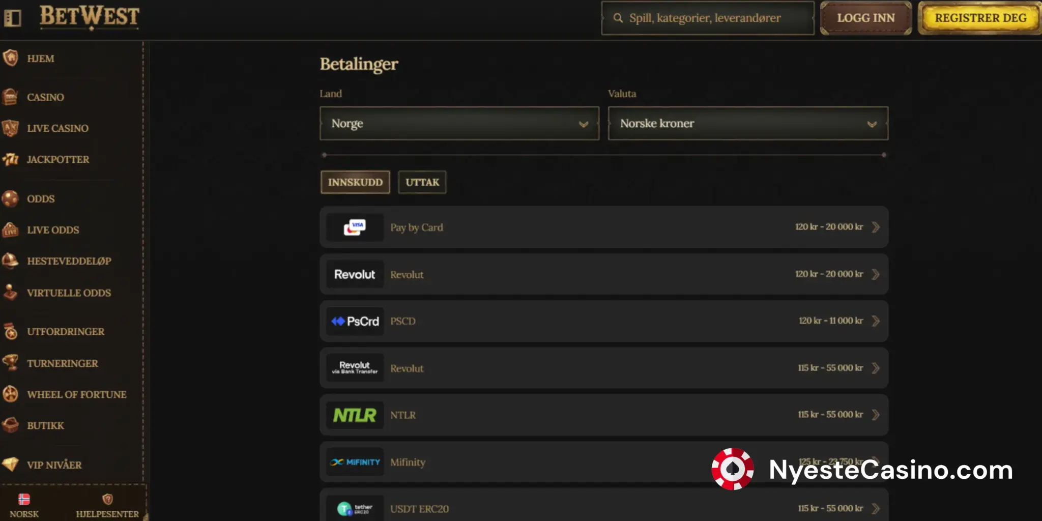 BetWest Casino innskuddsalternativer.