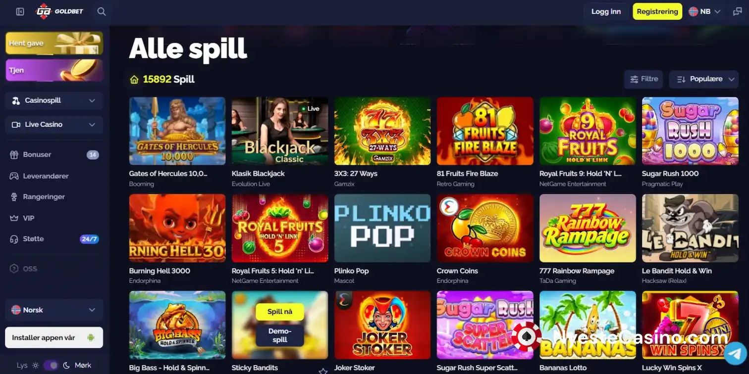 Spillutvalg og oversikt over alle spill hos Goldbet Casino.