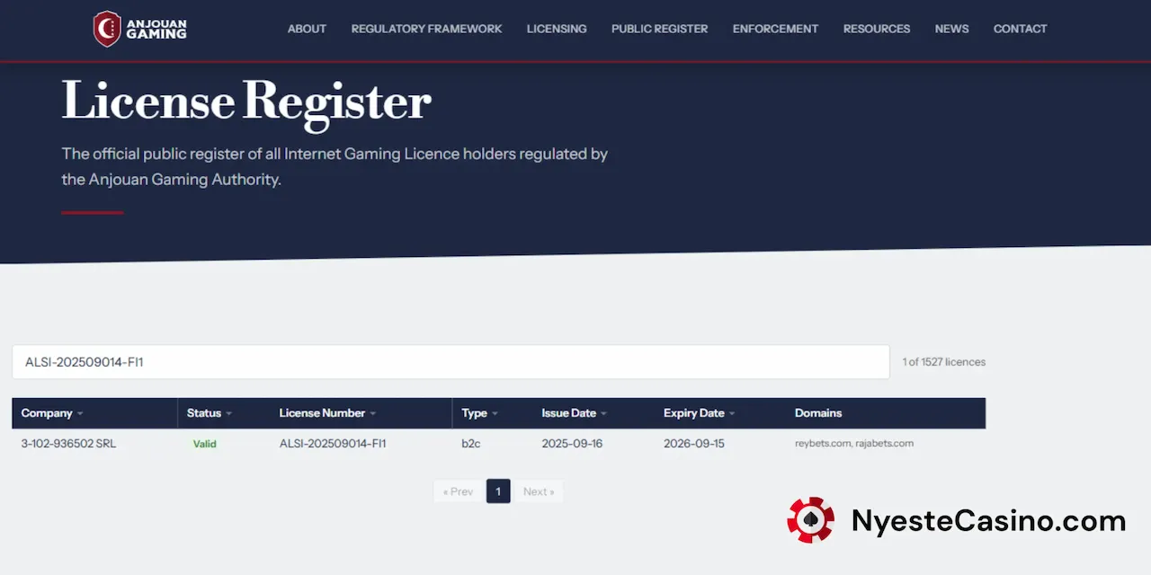 Reybets Casino lisens fra Anjouan.