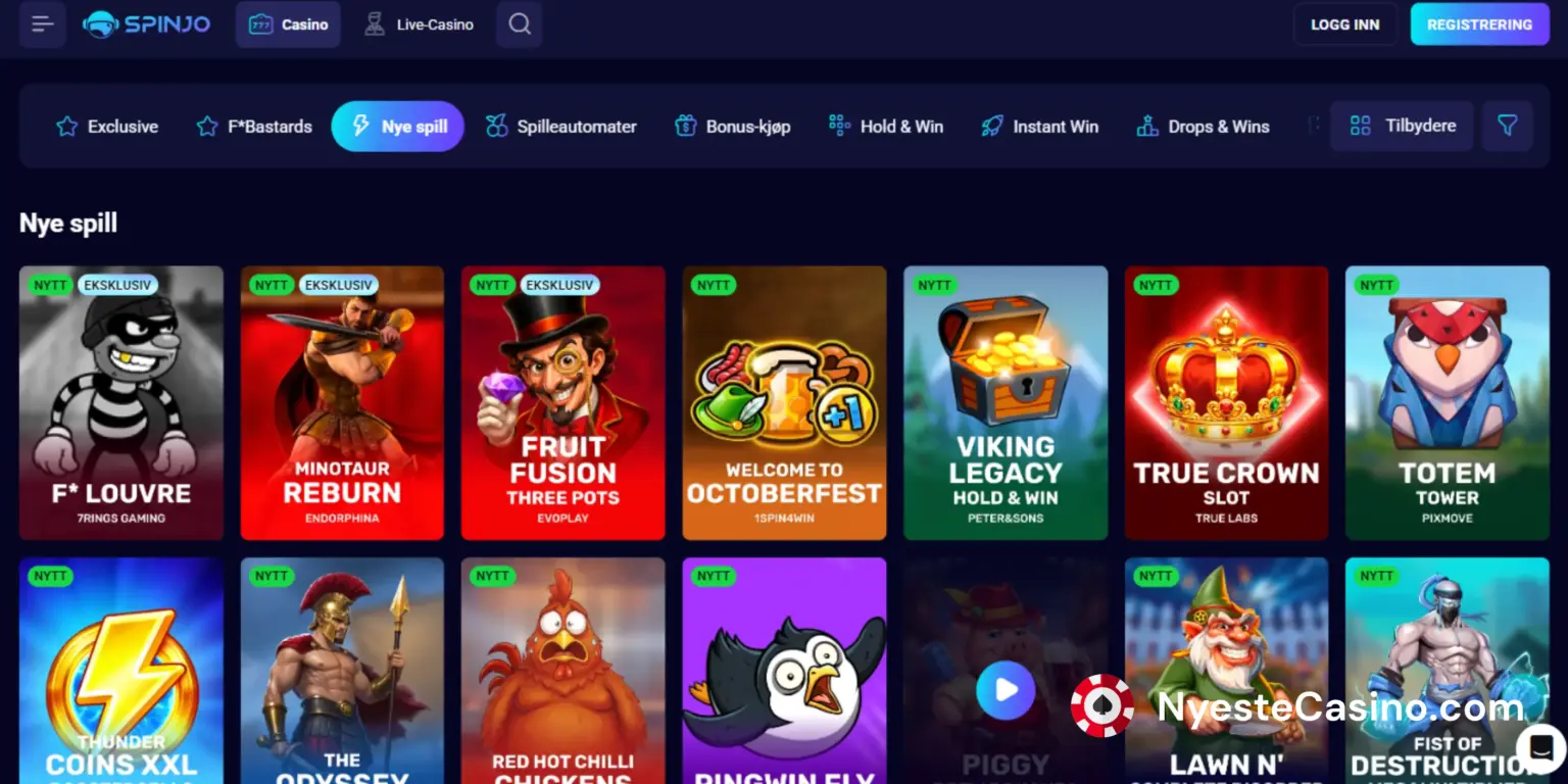 Spinjo casino "Nye spill" - side med nye spilleautomater fra ulike leverandører