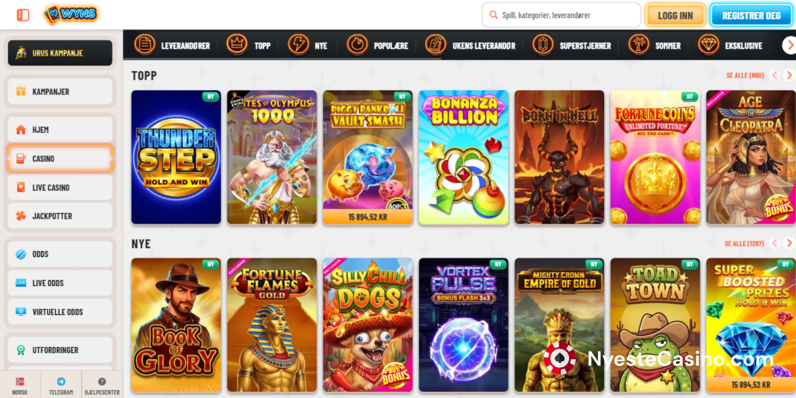 Wyns Casino-spillbibliotek mot hvit bakgrunn.