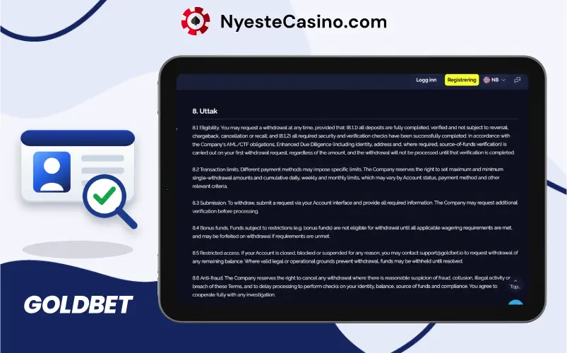 Regler for uttak i vilkårene til Goldbet Casino på nettbrett.