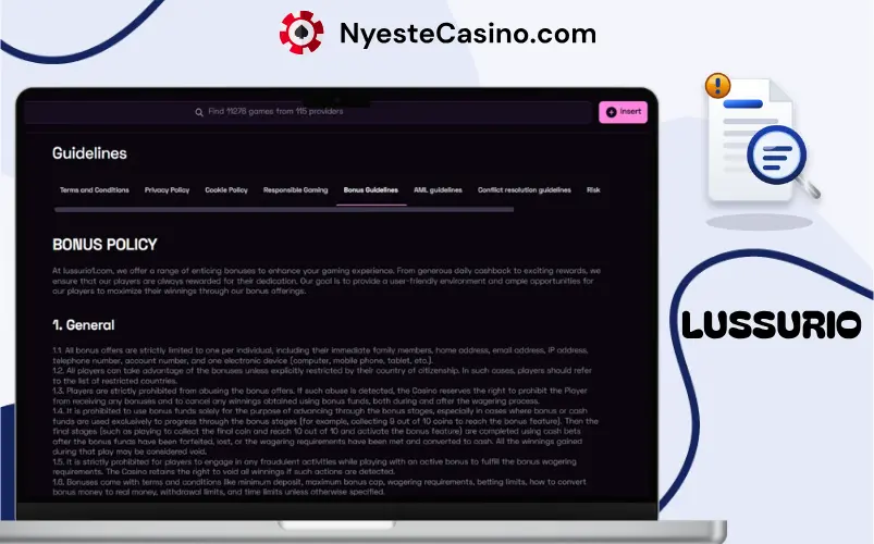 Bonusvilkårene til Lussurio Casino på en bærbar PC.