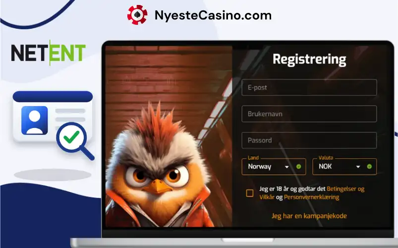 Nettcasino registrering med landvalg og NOK valuta på skjerm.