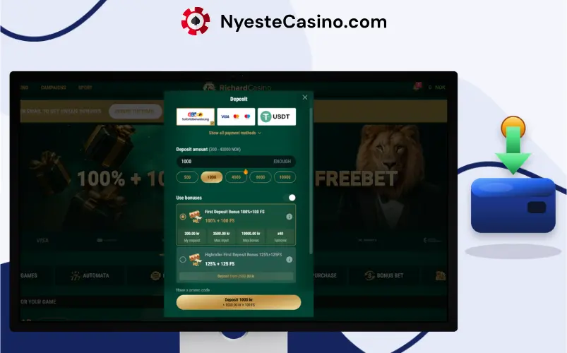 Innskuddsmetoder hos Richard Casino.