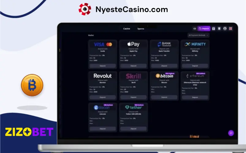 Innskuddsalternativer hos Zizobet Casino.
