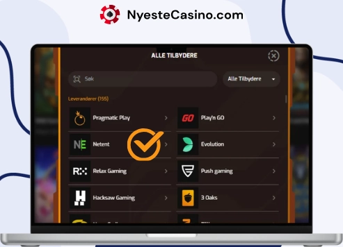 Oversikt over spillutviklere som NetEnt, Evolution og Relax Gaming på laptop.