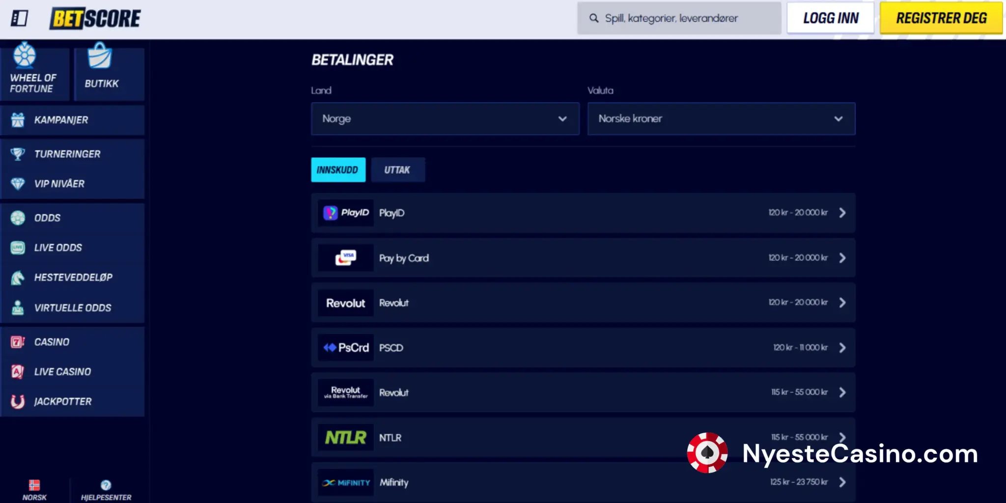 Innskuddsmetoder hos BetScore.