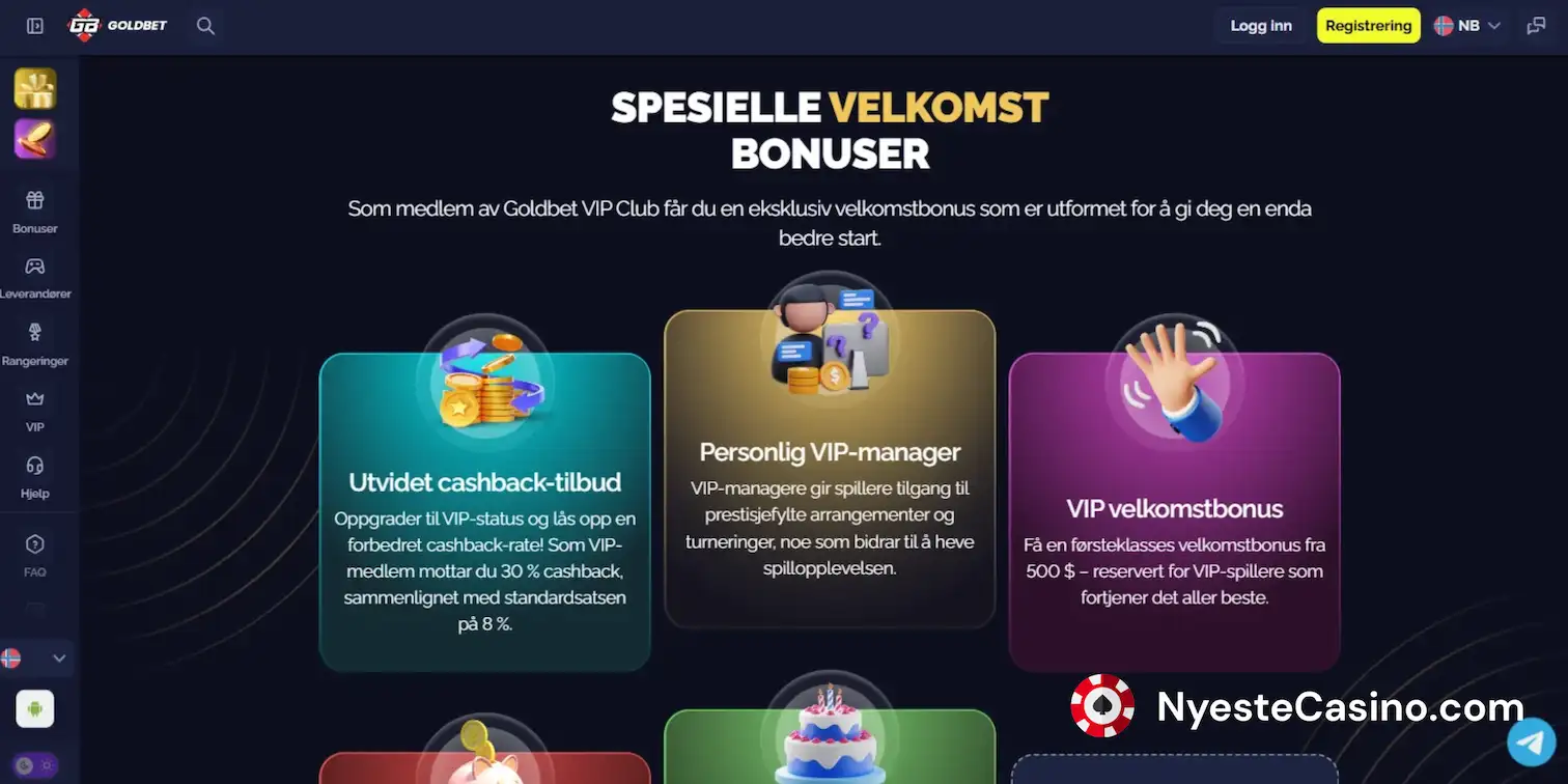 Spesielle velkomstbonuser og VIP-fordeler hos Goldbet Casino.