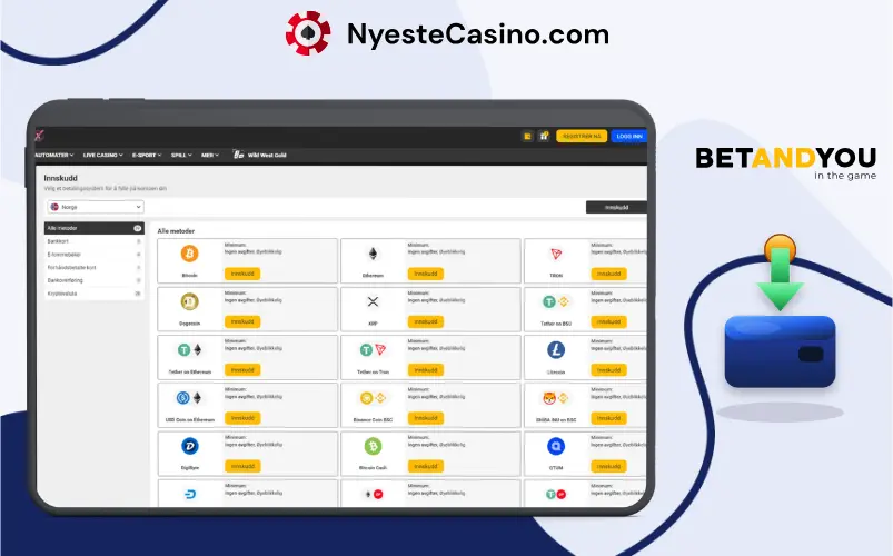 Innskuddsmetoder hos Betandyou Casino på et nettbrett.