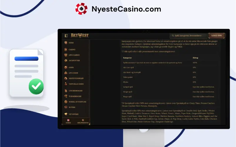 Vilkårene for BetWest Casino på en skjerm.