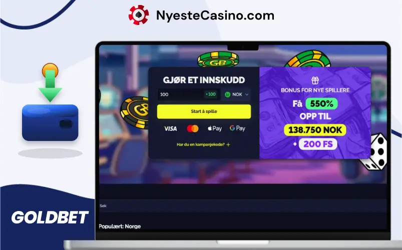 Innskuddsvindu med velkomstbonus hos Goldbet Casino på datamaskin.