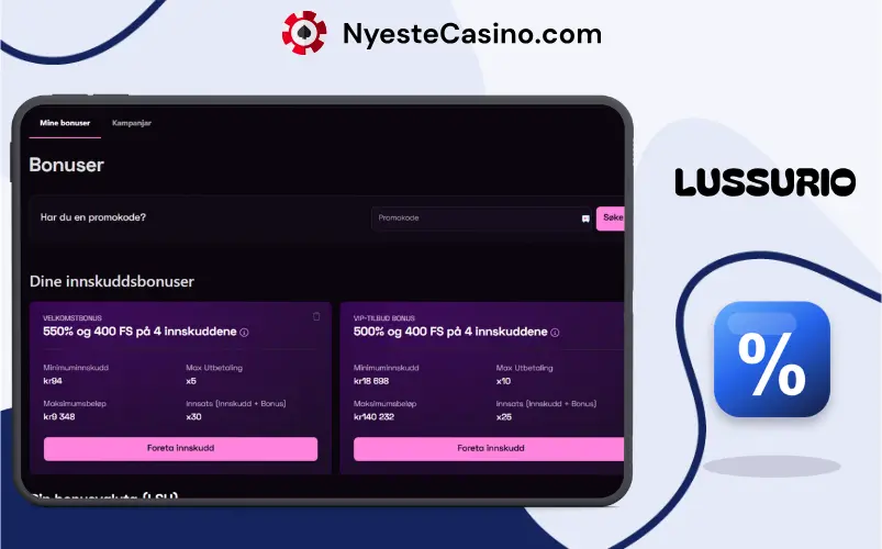 Bonuser hos Lussurio på et nettbrett.