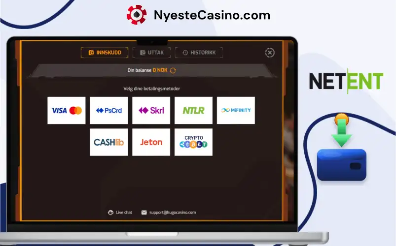 Nettcasino betalingsmetoder med Visa, Skrill og MiFinity på laptop.