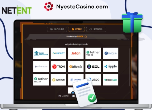 Nettcasino betalingsmetoder med kryptovaluta og sikkerhetsbekreftelse på skjerm.