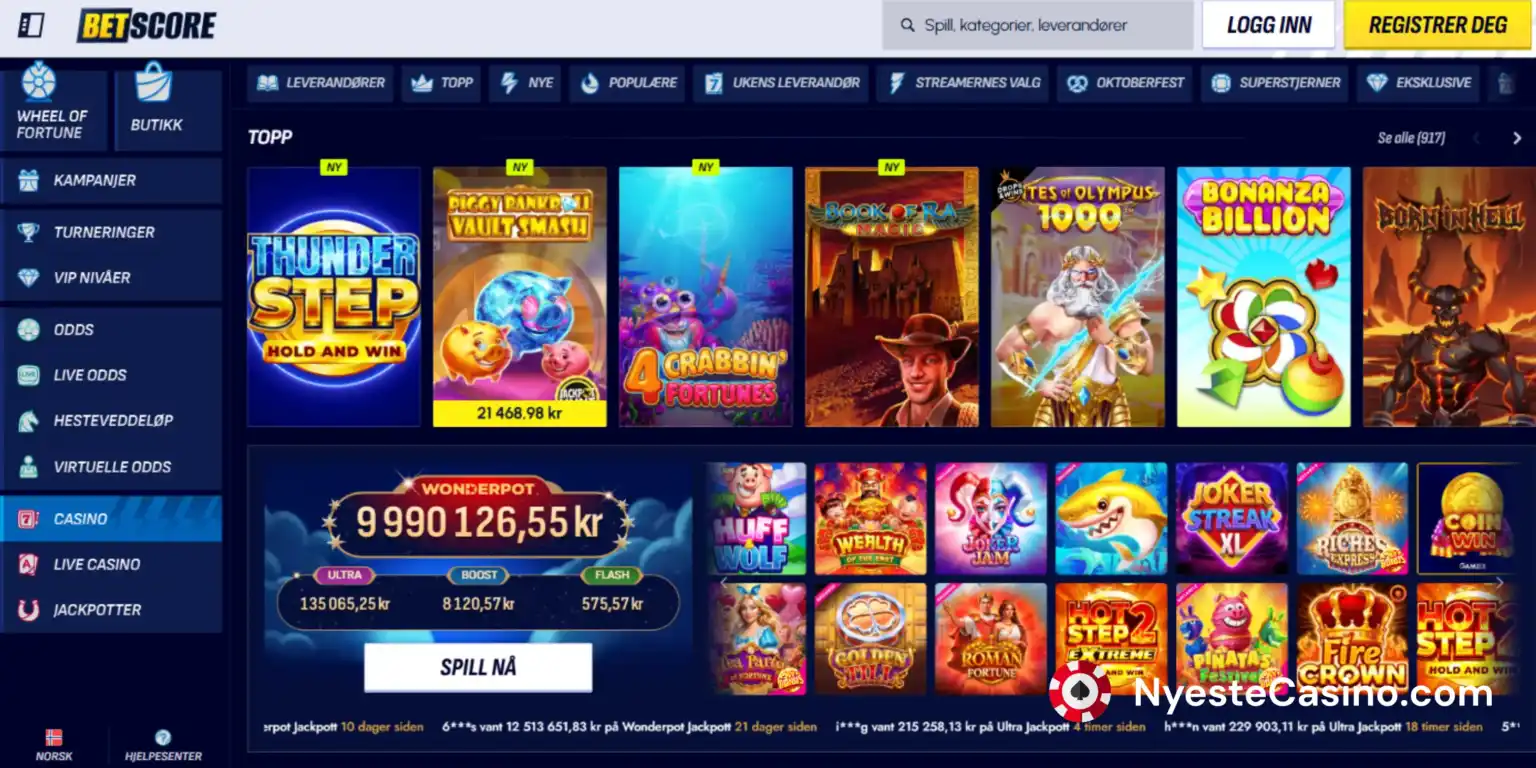 Utvalg av casinospill hos BetScore.