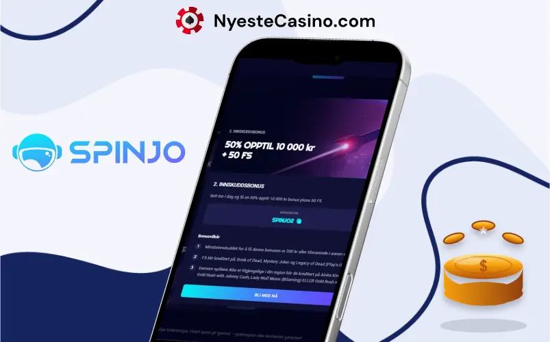 Skjermbilde som viser bonuskodefeltet og bonusinformasjon hos Spinjo Casino