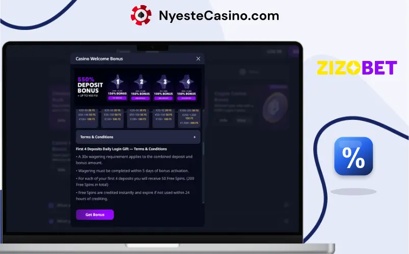 Velkomstbonus hos Zizobet Casino.