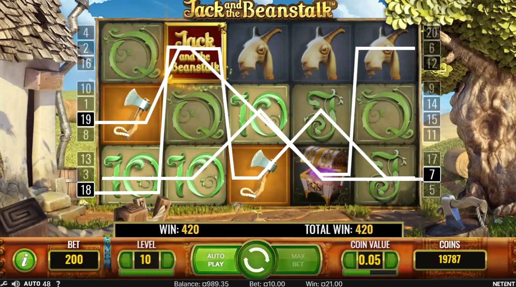 Eksempel på gevinst med gevinstlinjer og Wild-symbol