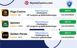 En rangert liste over tre nettcasinoer (Hugo Casino, Spinzen, Golden Panda) med stjernerangeringer.