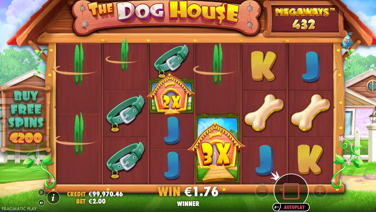En livlig spilleautomat designet som et hundehus, med animerte hunder og kjæledyrrelaterte ikoner for en morsom spillopplevelse.
