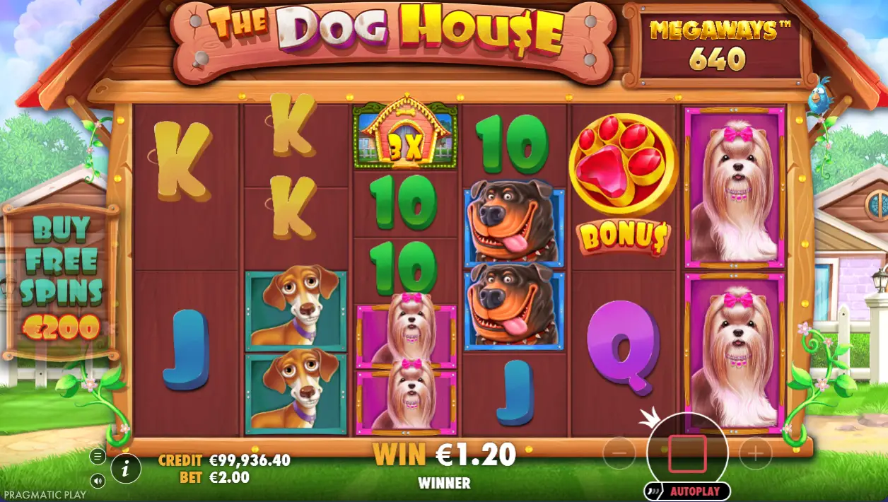 En levende spilleautomat designet som et hundehus, som viser frem animerte hunder og ulike symboler relatert til kjæledyrpleie og moro.