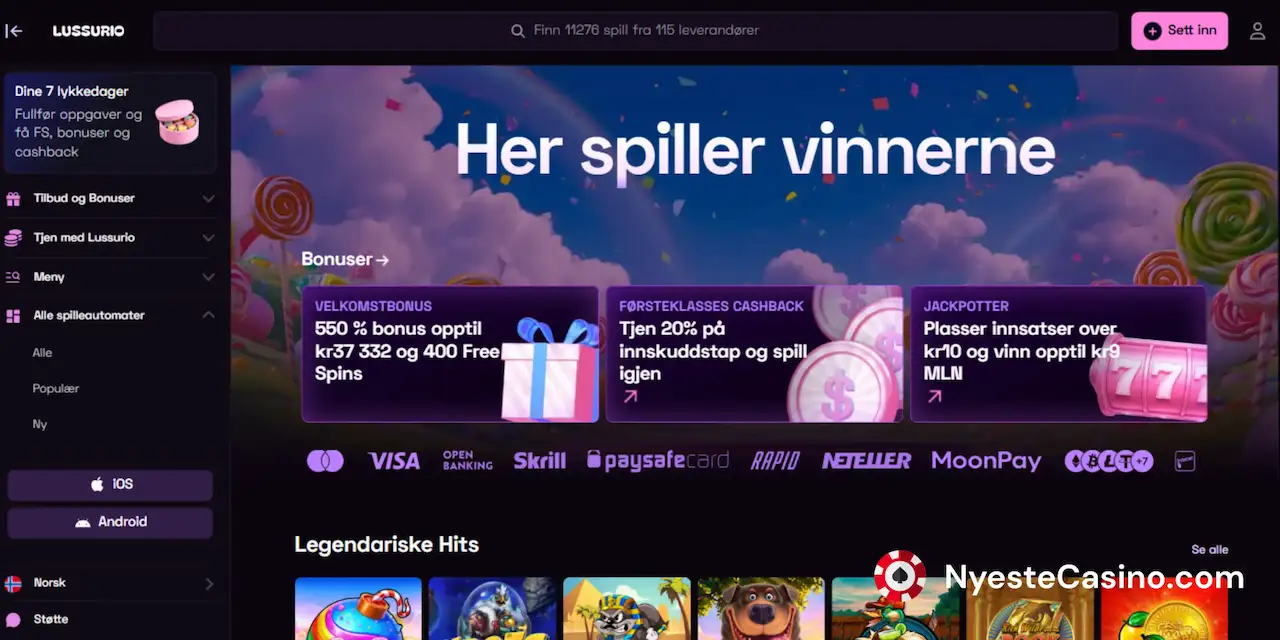 Hovedsiden til Lussurio Casino med meny og banner.