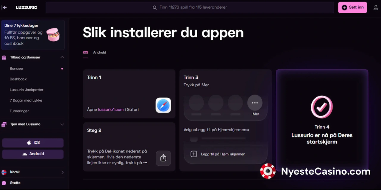 Installasjon av Lussurio Casinos iOS-app.
