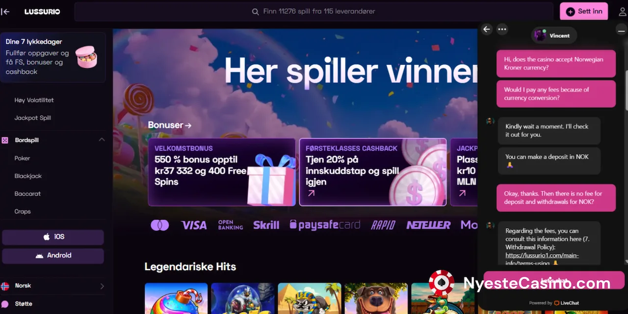 En live chat-samtale hos Lussurio Casino.