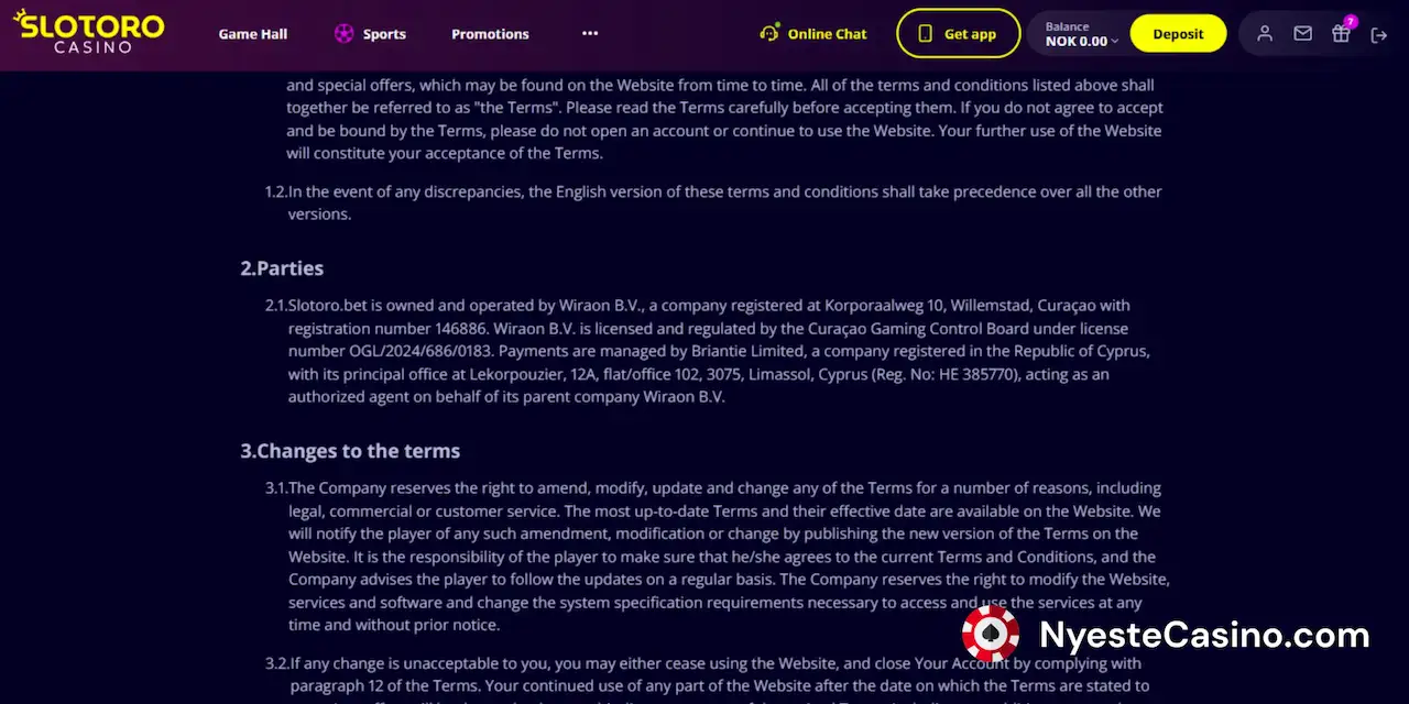 Vilkår og betingelser for Slotoro Casino.