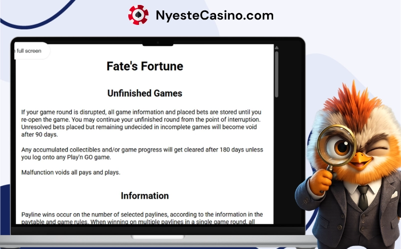 Fate's Fortune spillinformasjon vist.