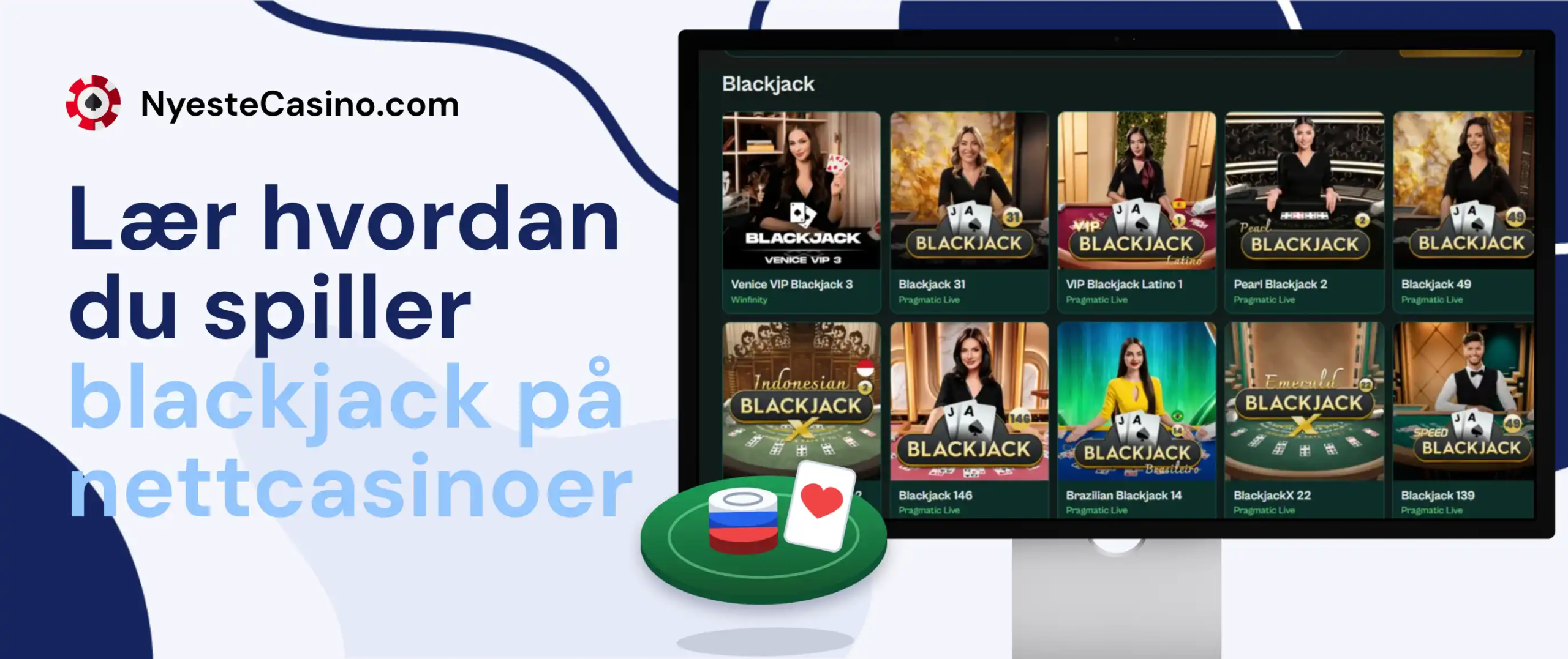 Skjermbilde av live blackjack-bord og spillere på ulike nettcasinoer.