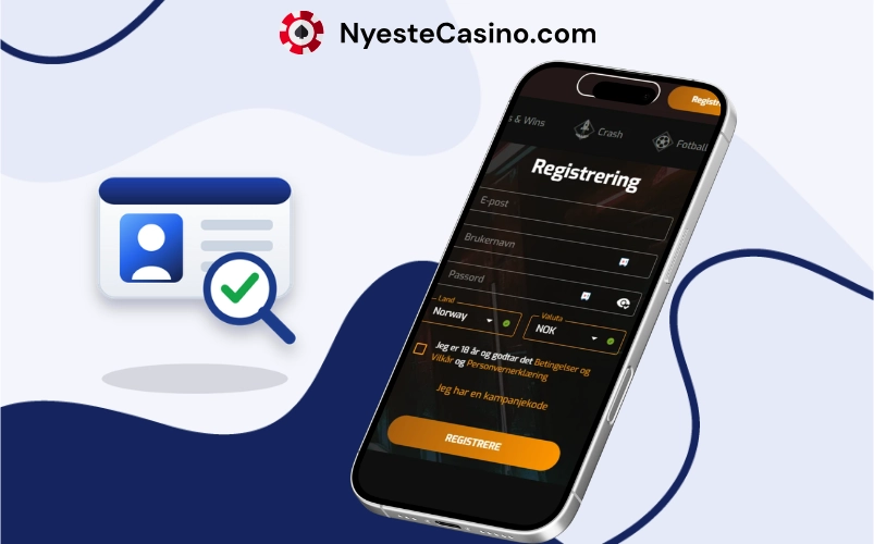 Nettcasino registrering med personlig informasjon og bekreftelse på mobilskjerm.