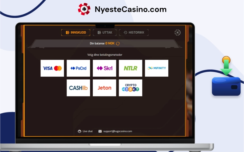 Betalingsmetoder for nettcasino med Visa, Skrill og MiFinity på laptopskjerm.
