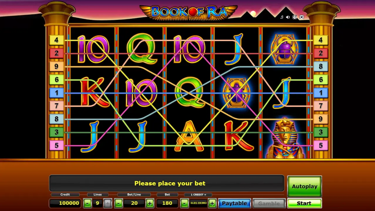 En fargerik Book of Ra-spilleautomat med gamle egyptiske symboler og livlig grafikk på skjermen.