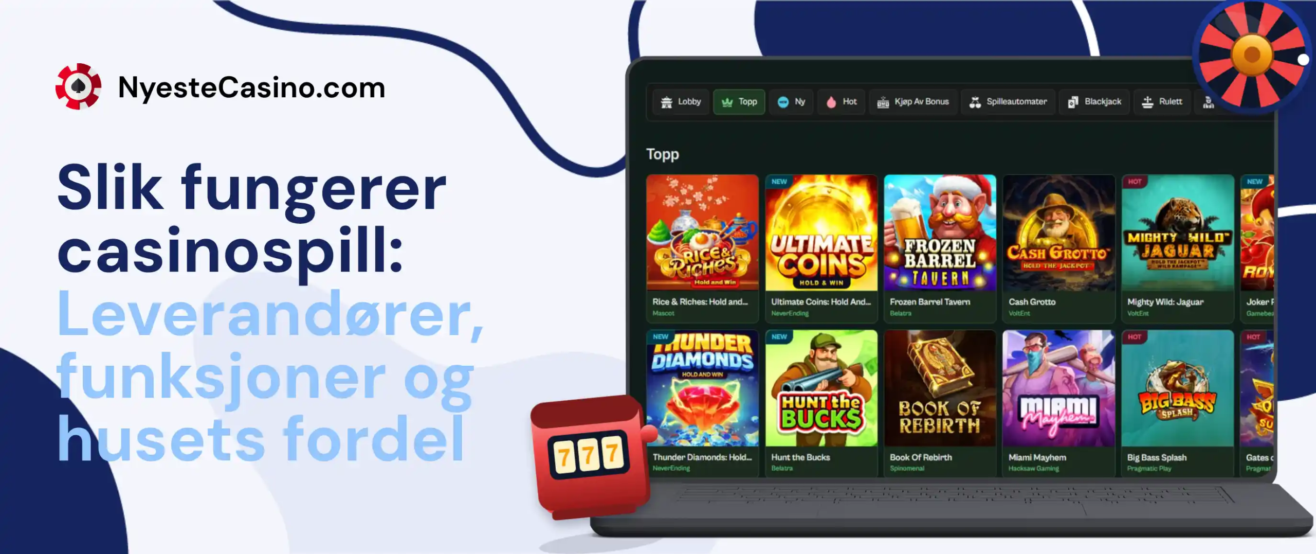 Nettcasino med spilleautomater, leverandører og populære casinospill på laptop.