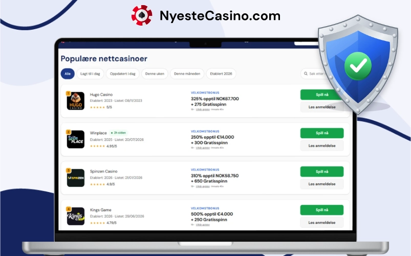 Oversikt over populære nettcasinoer med sikkerhetsikon på laptopskjerm.