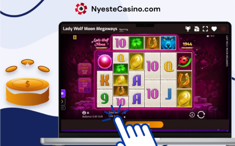 Lady Wolf Moon Megaways spilleautomat med hjul og funksjoner på laptopskjerm.
