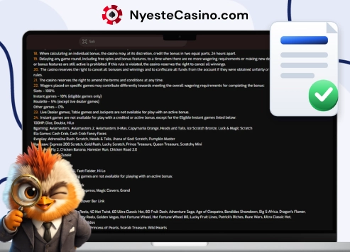 Bonusvilkår og regler for nettcasino vist på laptopskjerm.