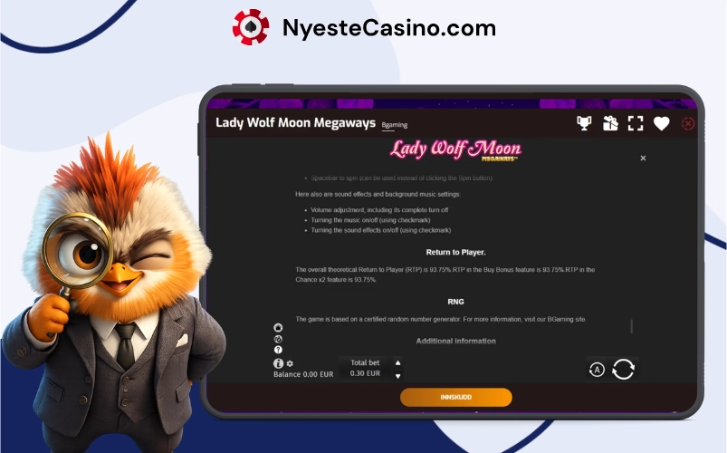 Lady Wolf Moon Megaways spillinformasjon med RTP og regler på laptopskjerm.