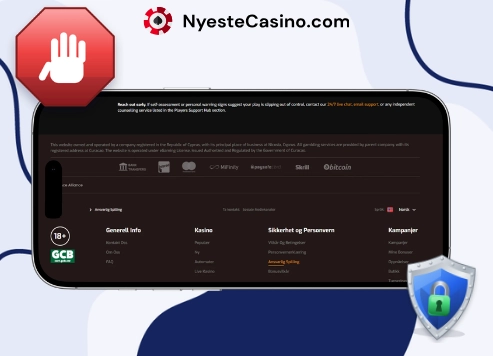 Nettcasinoets ansvarlig spilling-side med sikkerhetsinformasjon på mobilskjerm.
