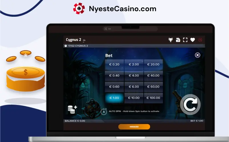Cygnus 2-spilleautomat med bonus- og innsatsvalg på laptop.