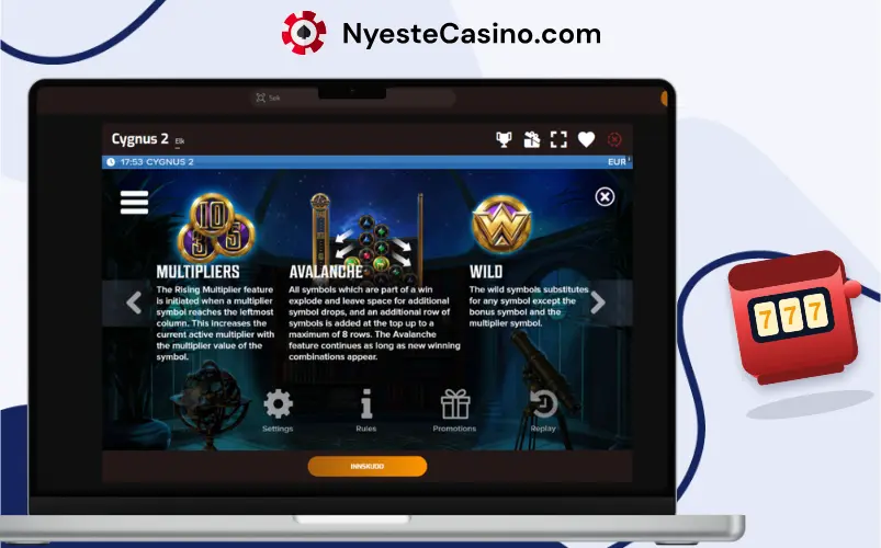Cygnus 2 symboler og funksjoner med wild, avalanche og multiplikatorer.