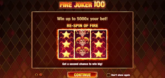Fire Joker 100 Re-Spin of Fire-funksjon med stablede stjerner og jokersymboler